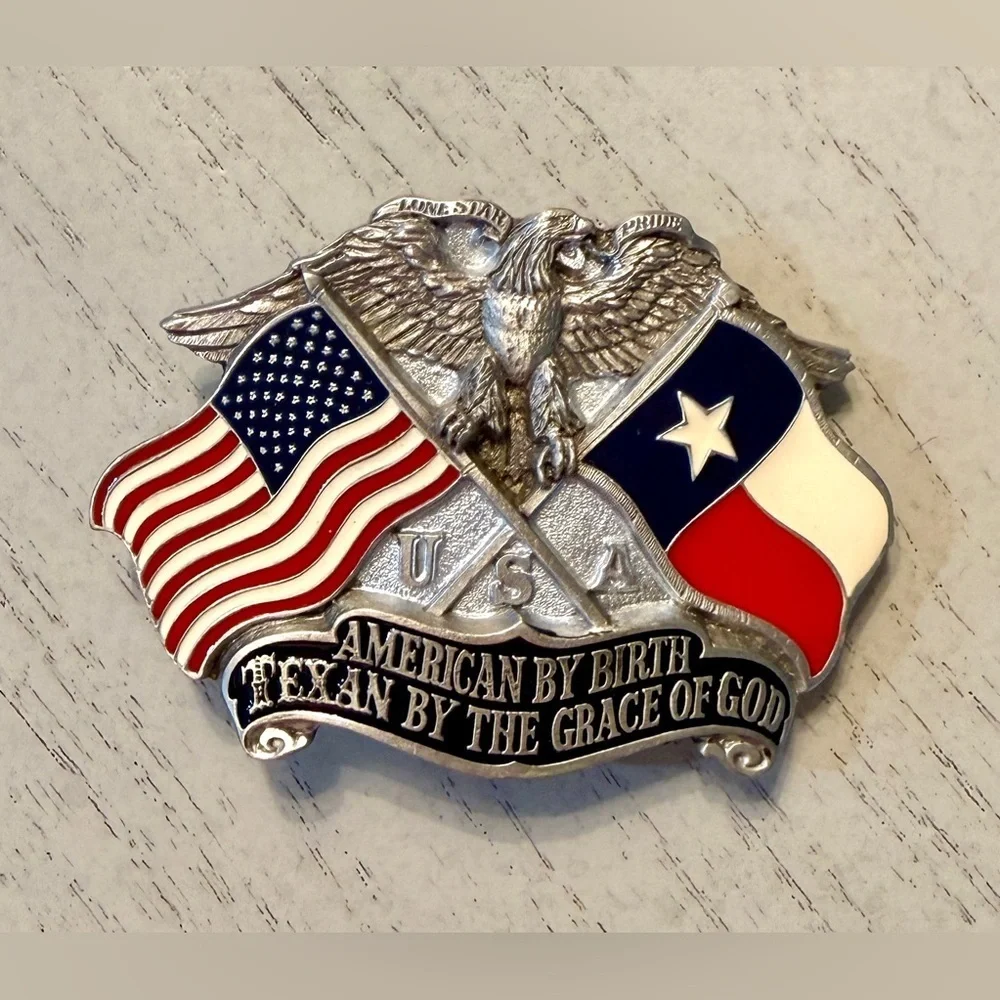 1987 American by Birth Texan by the Grace of God Eagle & Flags Belt Buckle